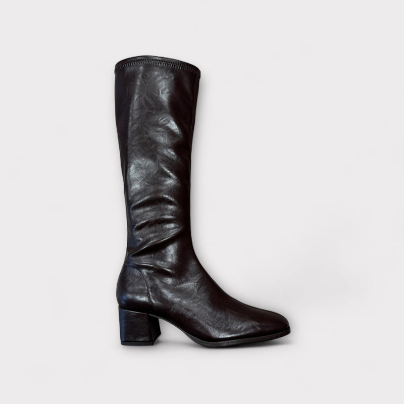 Miss Elastic Brown Faux Leather Knee High Boot