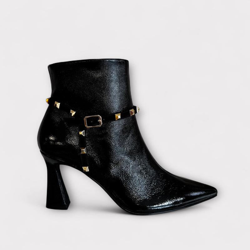 LODI Relle Black Patent Ankle Boot with studs