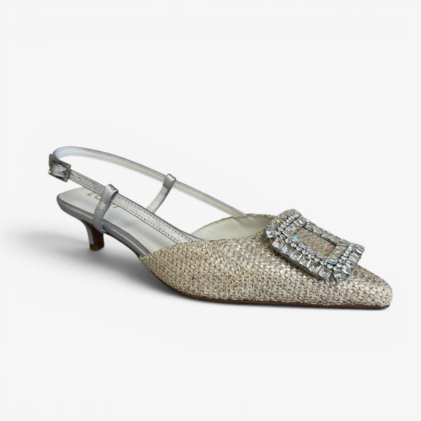 LODI Raffia Silver Slingback Kitten Heel