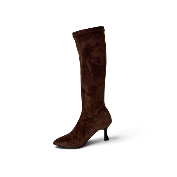 Miss Elastic Brown Knee High Fabric Boot - 78041