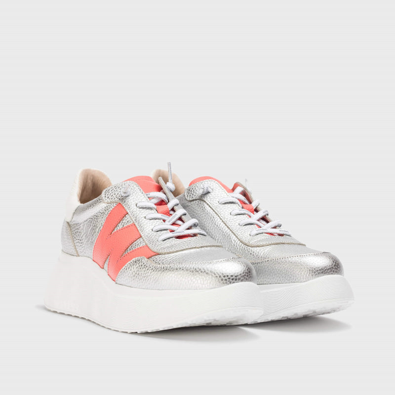 Wonders Silver & Coral Leather Trainer