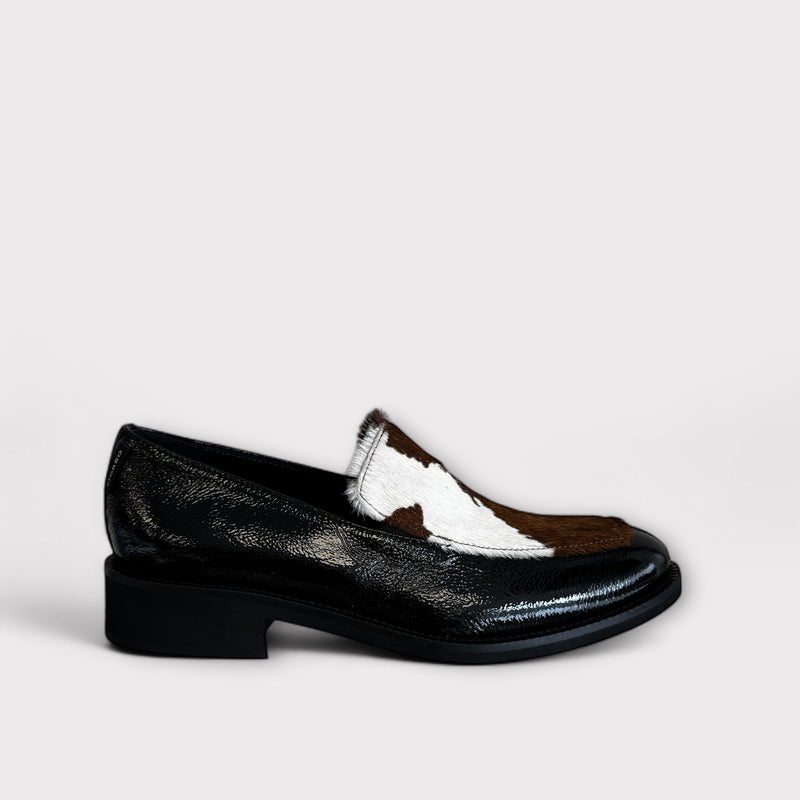 Marco Moreo Black Patent Loafer with Cow Print