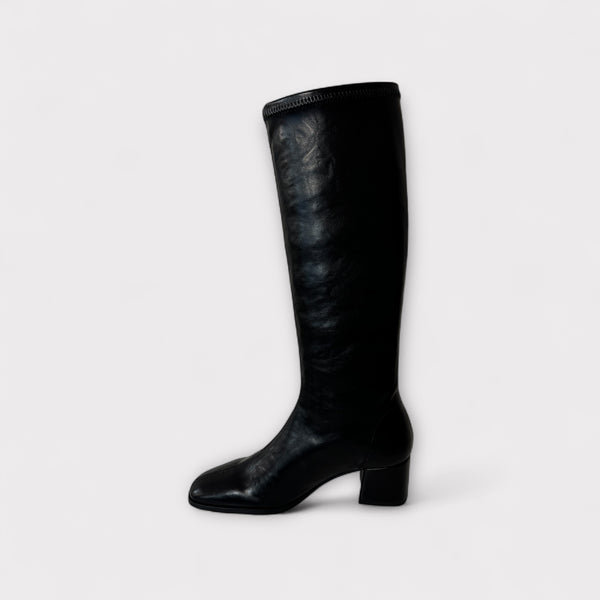 Miss Elastic Black Faux Leather Knee Boot