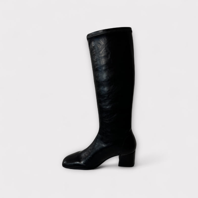 Miss Elastic Black Faux Leather Knee Boot