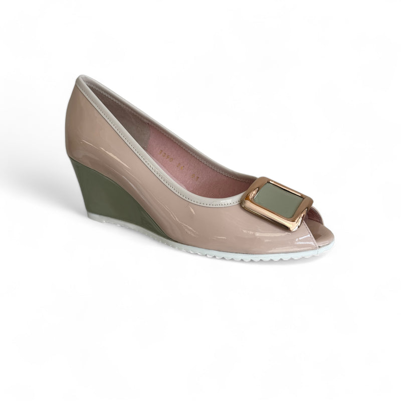 Le Babe Nude & Sage Peeptoe Wedge