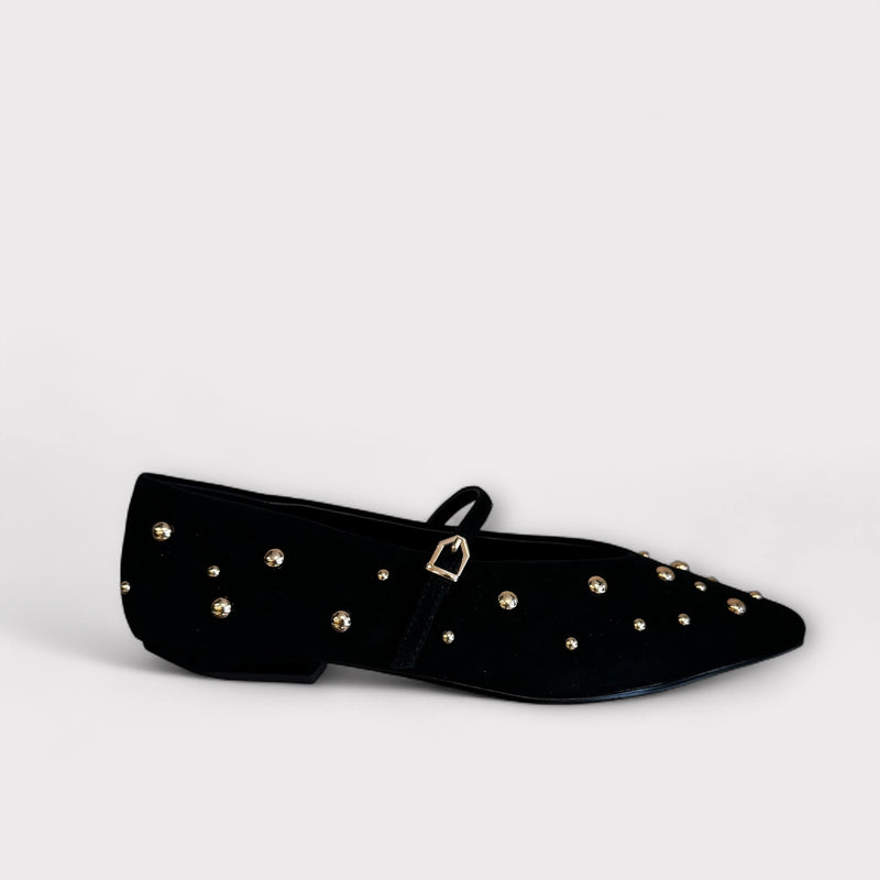 Pedro Anton Barcelona Black Suede Pump with gold studs