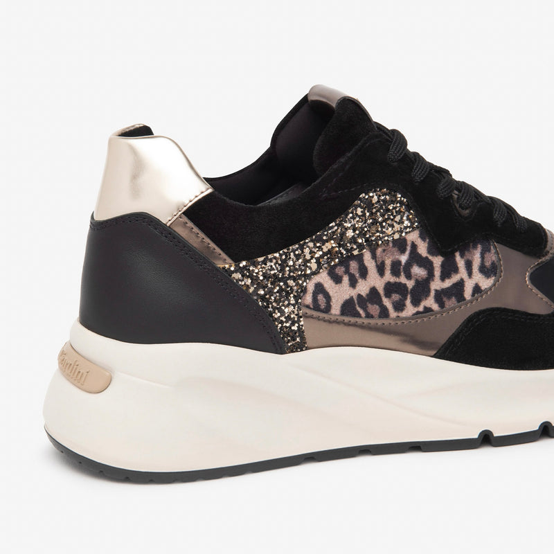 NeroGiardini Black Leopard Print Wedge Trainer