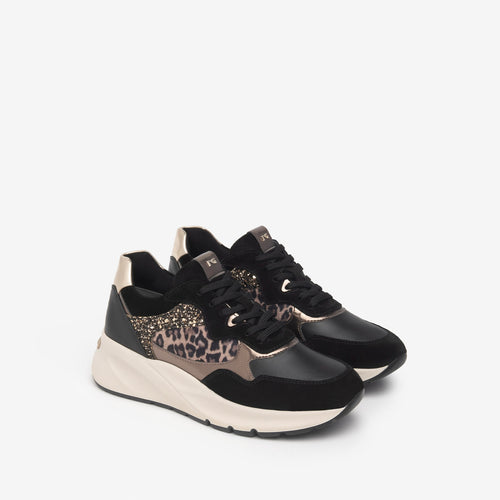 NeroGiardini Black Leopard Print Wedge Trainer