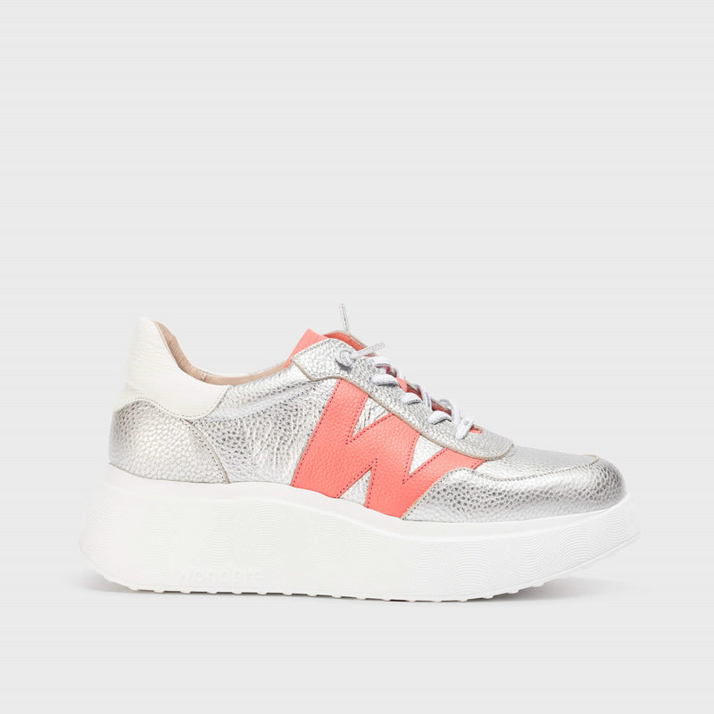 Wonders Silver & Coral Leather Trainer