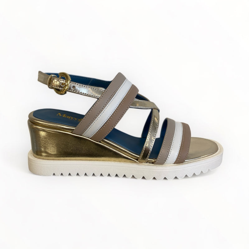 Marco Moreo White/Taupe & Gold Wedge Sandal