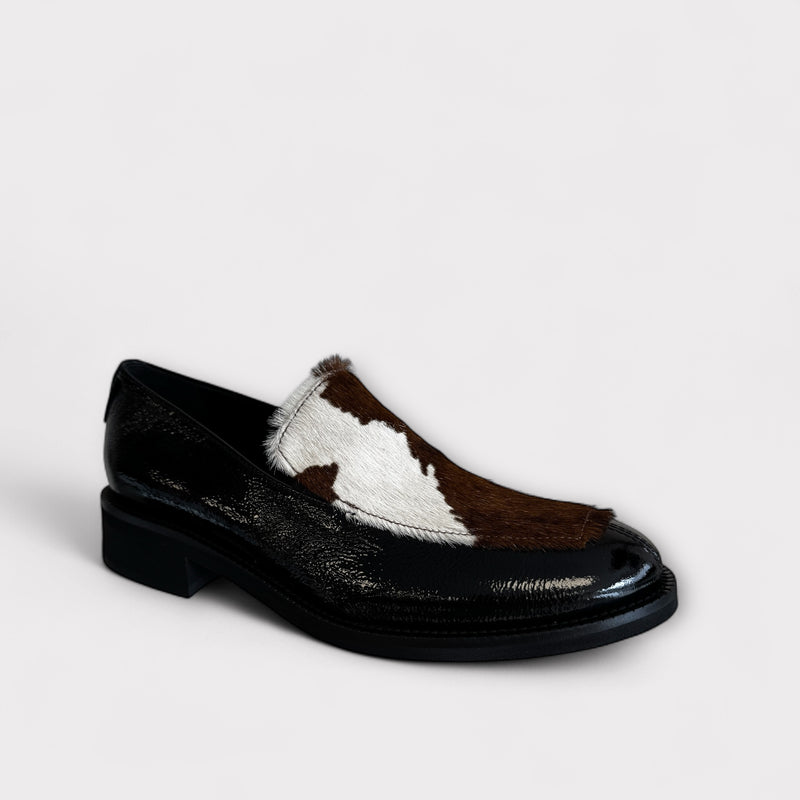 Marco Moreo Black Patent Loafer with Cow Print