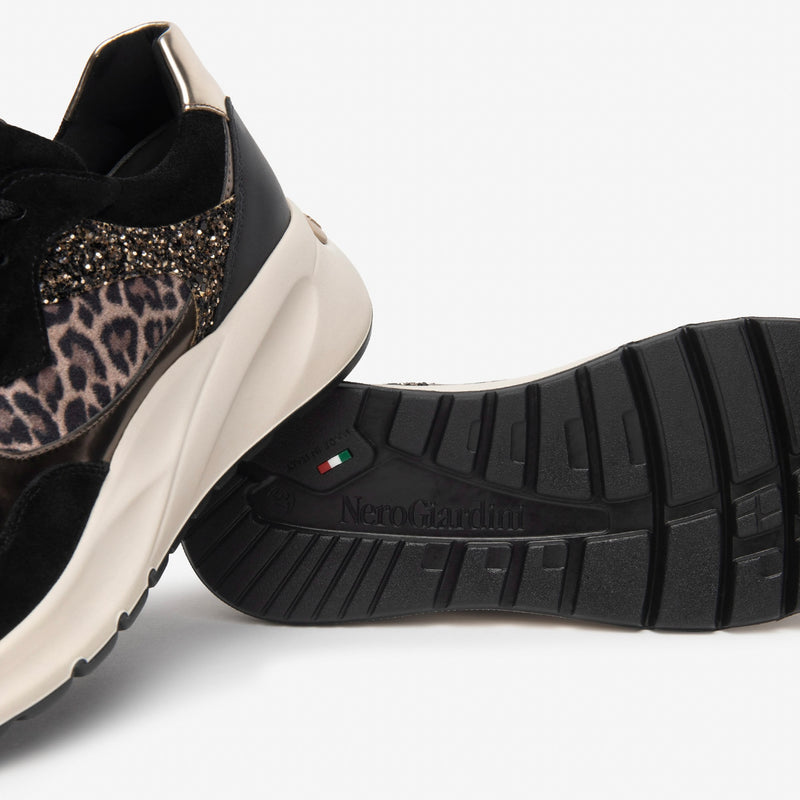 NeroGiardini Black Leopard Print Wedge Trainer