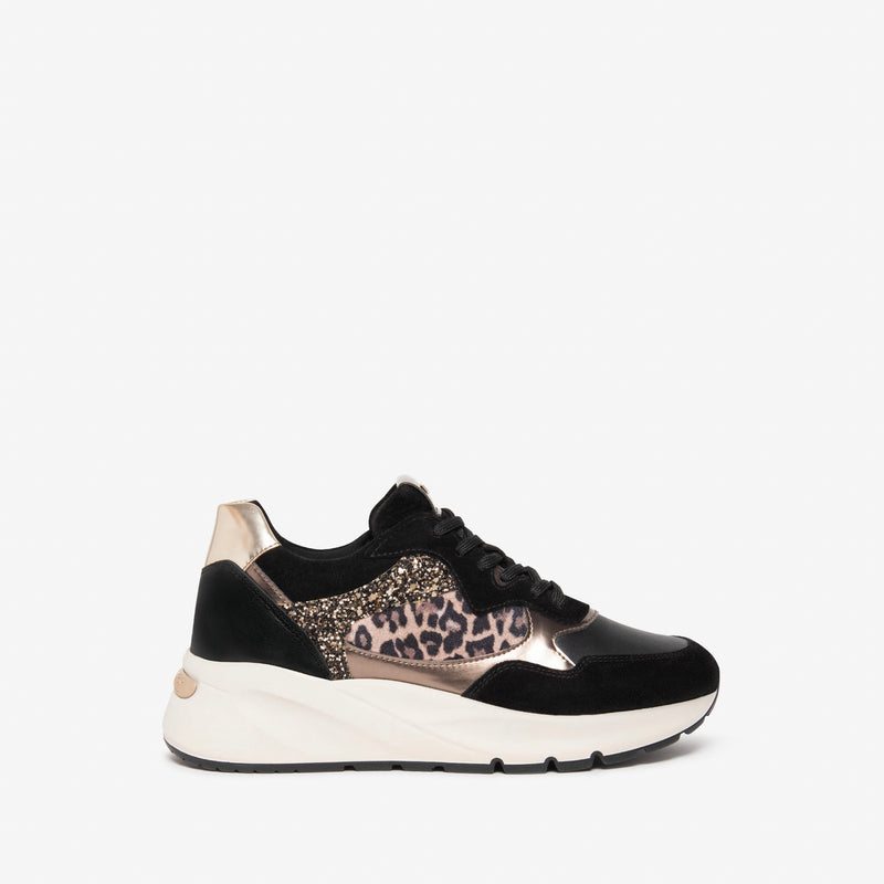 NeroGiardini Black Leopard Print Wedge Trainer