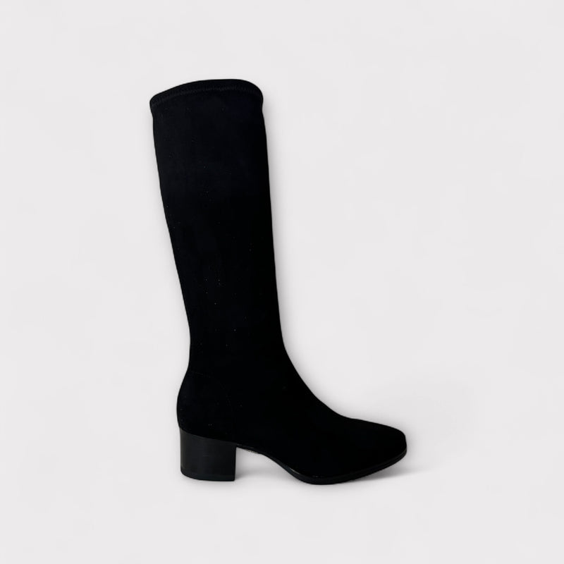 Miss Elastic Black Suede Knee High Boot