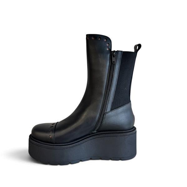 Marco Moreo Black Leather Platform Wedge Ankle Boot