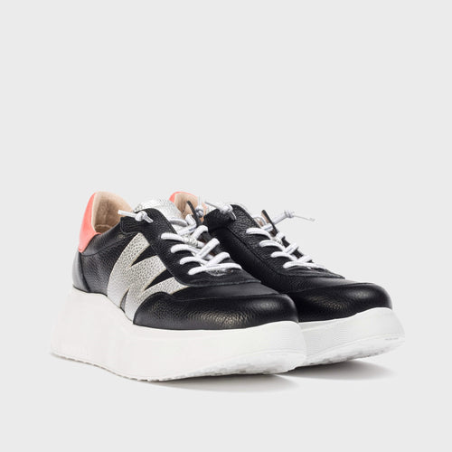 Wonders Black & Coral Leather Trainer