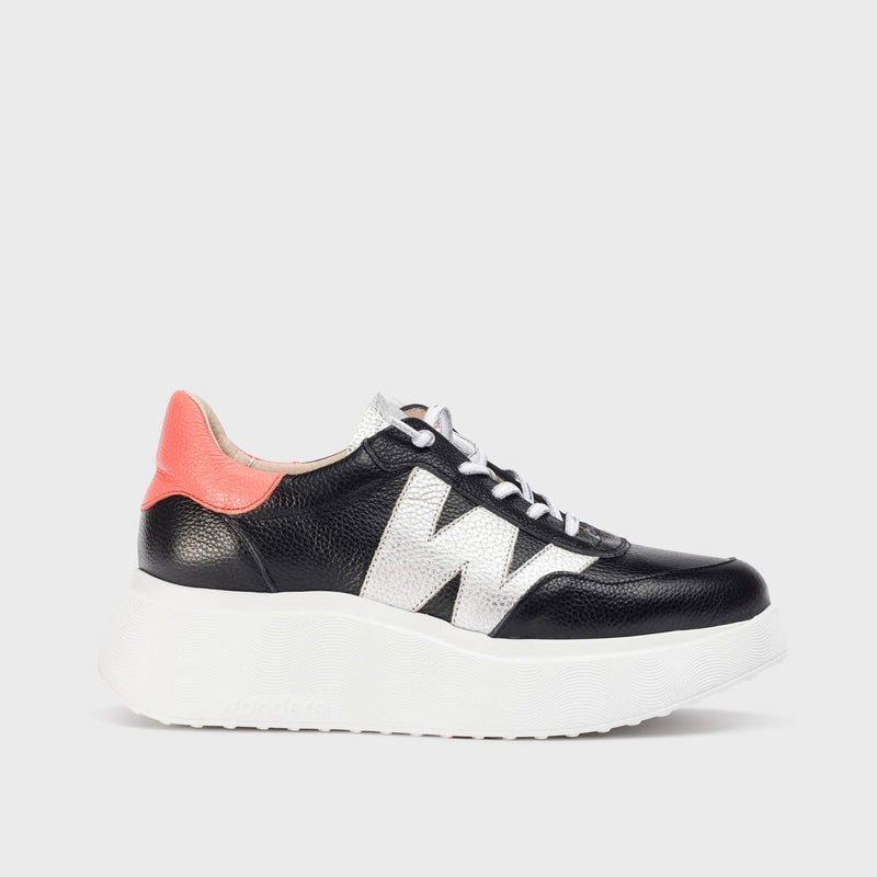 Wonders Black & Coral Leather Trainer