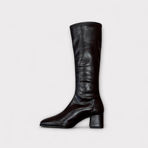 Miss Elastic Brown Faux Leather Knee High Boot
