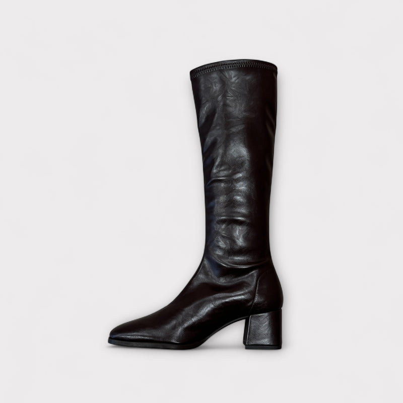 Miss Elastic Brown Faux Leather Knee High Boot