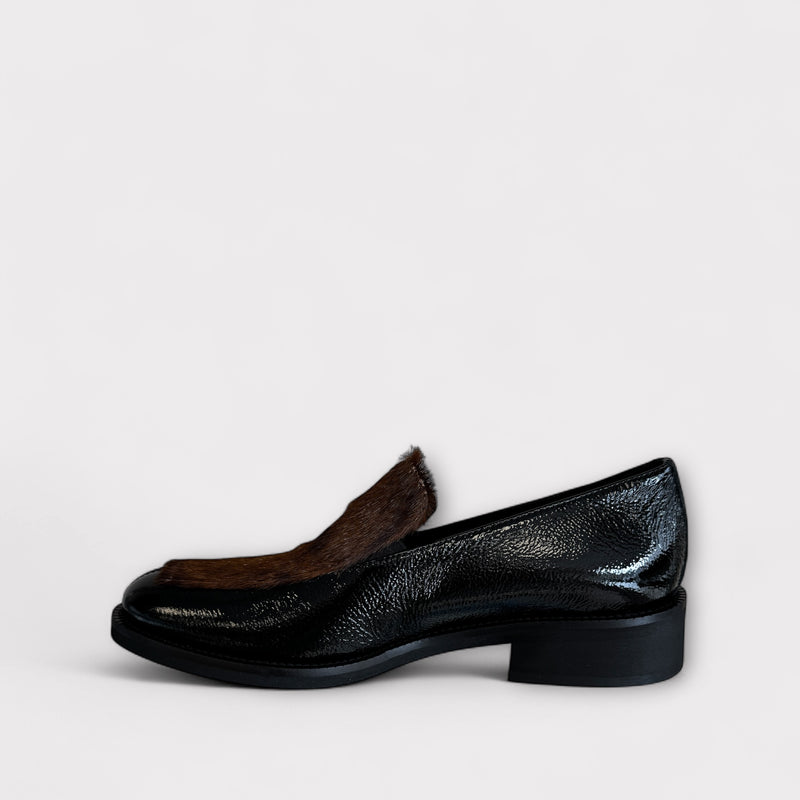 Marco Moreo Black Patent Loafer with Cow Print