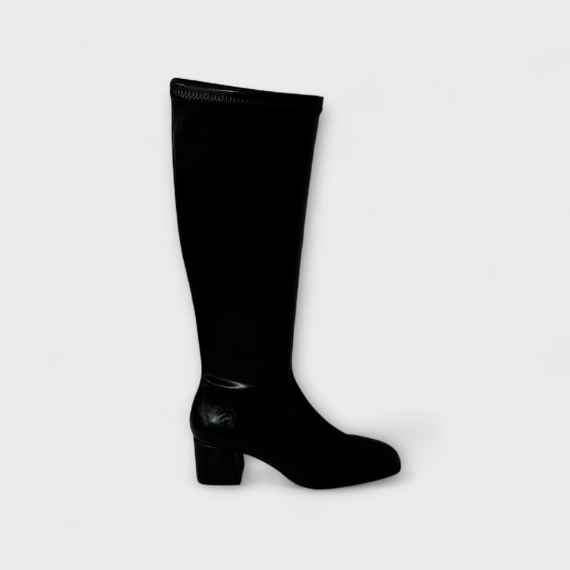 Miss Elastic Black Faux Leather Knee Boot