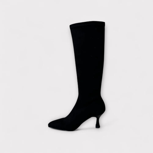 Miss Elastic Black Faux Suede Knee High Boot