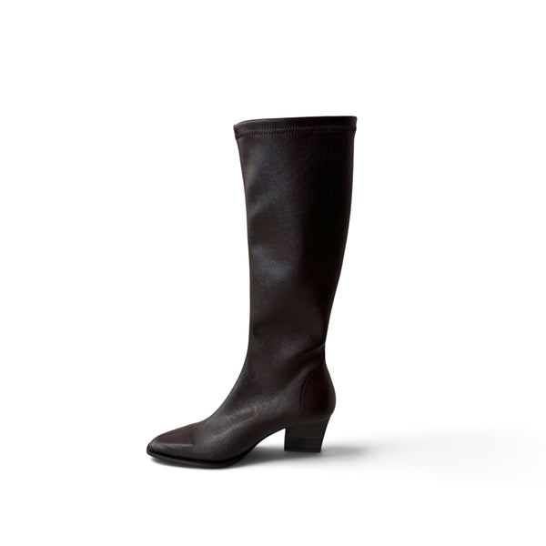 Miss Elastic Brown Leather Knee High Boot
