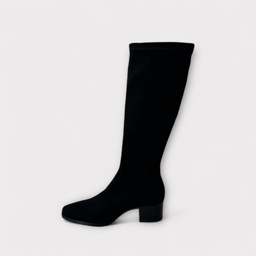 Miss Elastic Black Suede Knee High Boot
