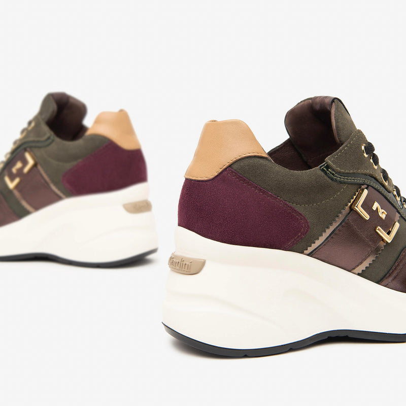 NeroGiardini Green & Burgundy High Wedge Trainer