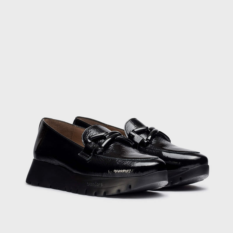 Wonders Rose Black Patent Wedge Loafer