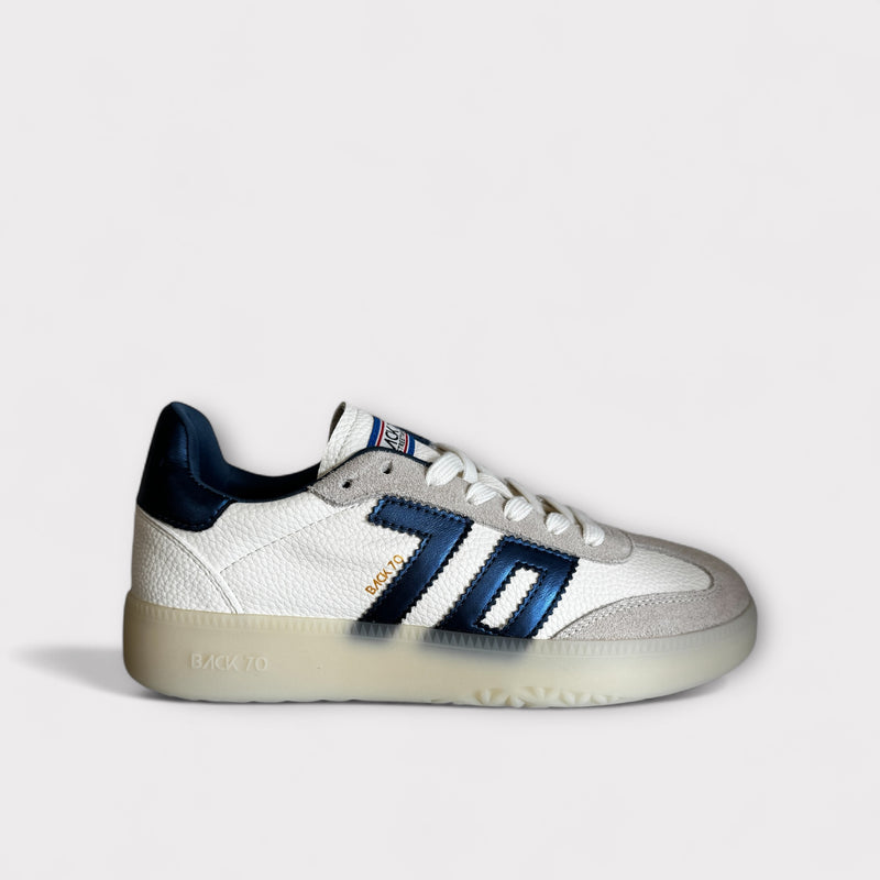 Back 70 Boston White Leather & Metallic Blue Trainer