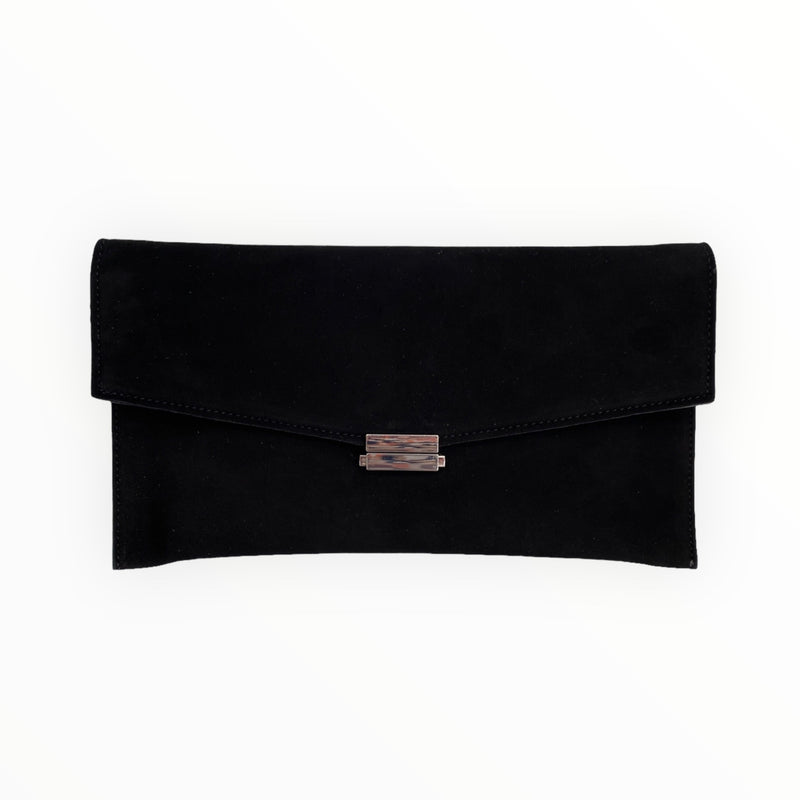Black Clutch Bag Ladies Faux Suede Envelope Evening Shoulder Bag Silver Tone